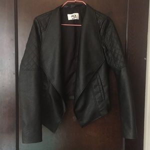 Open front black leather jacket
